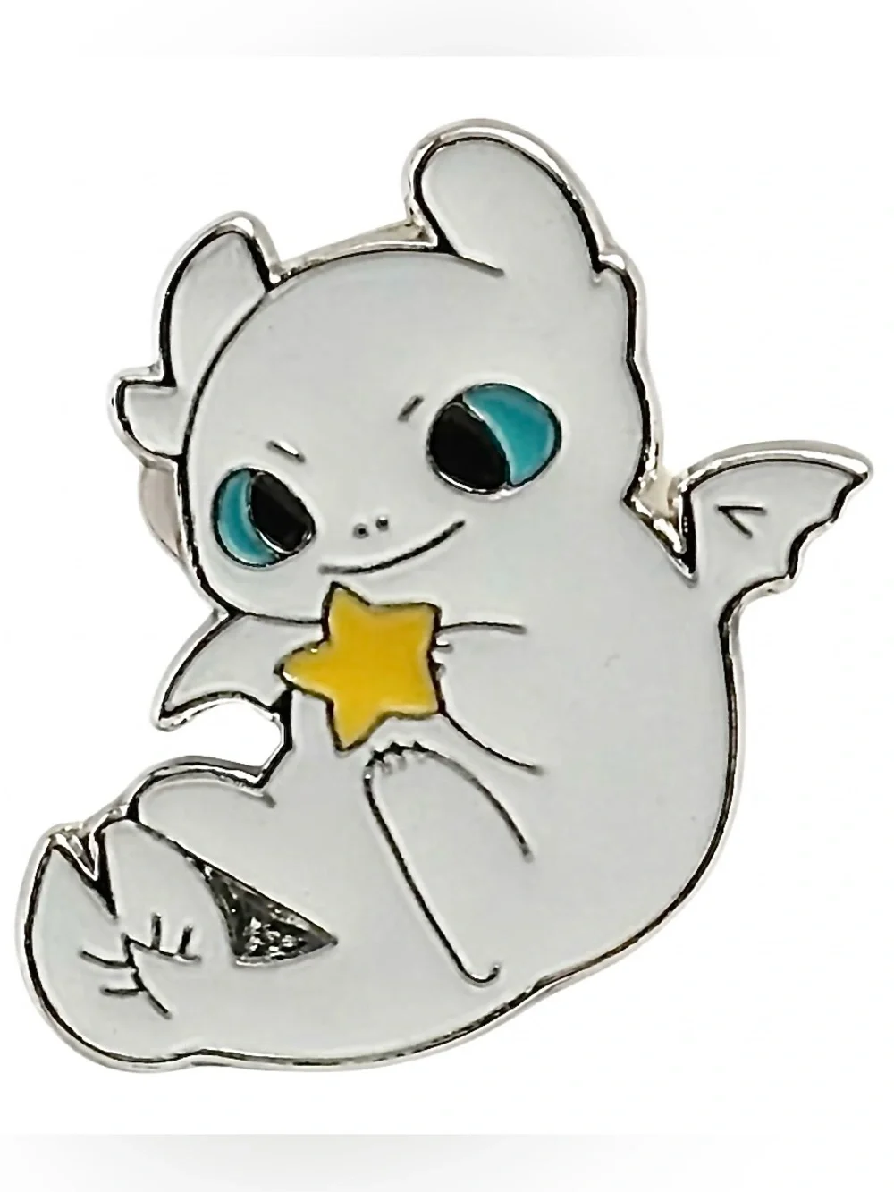 Cute White Dragon Holding Yellow Star Enamel Pin | Fantasy Baby Dragon Lapel Pin